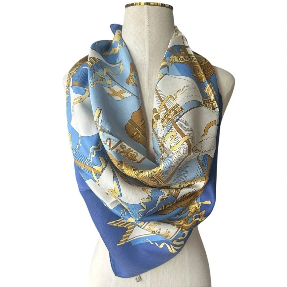 Hermès “Armada” Carre 90 Classic Blue & Gold Ships Nautical Silk Scarf w/Box